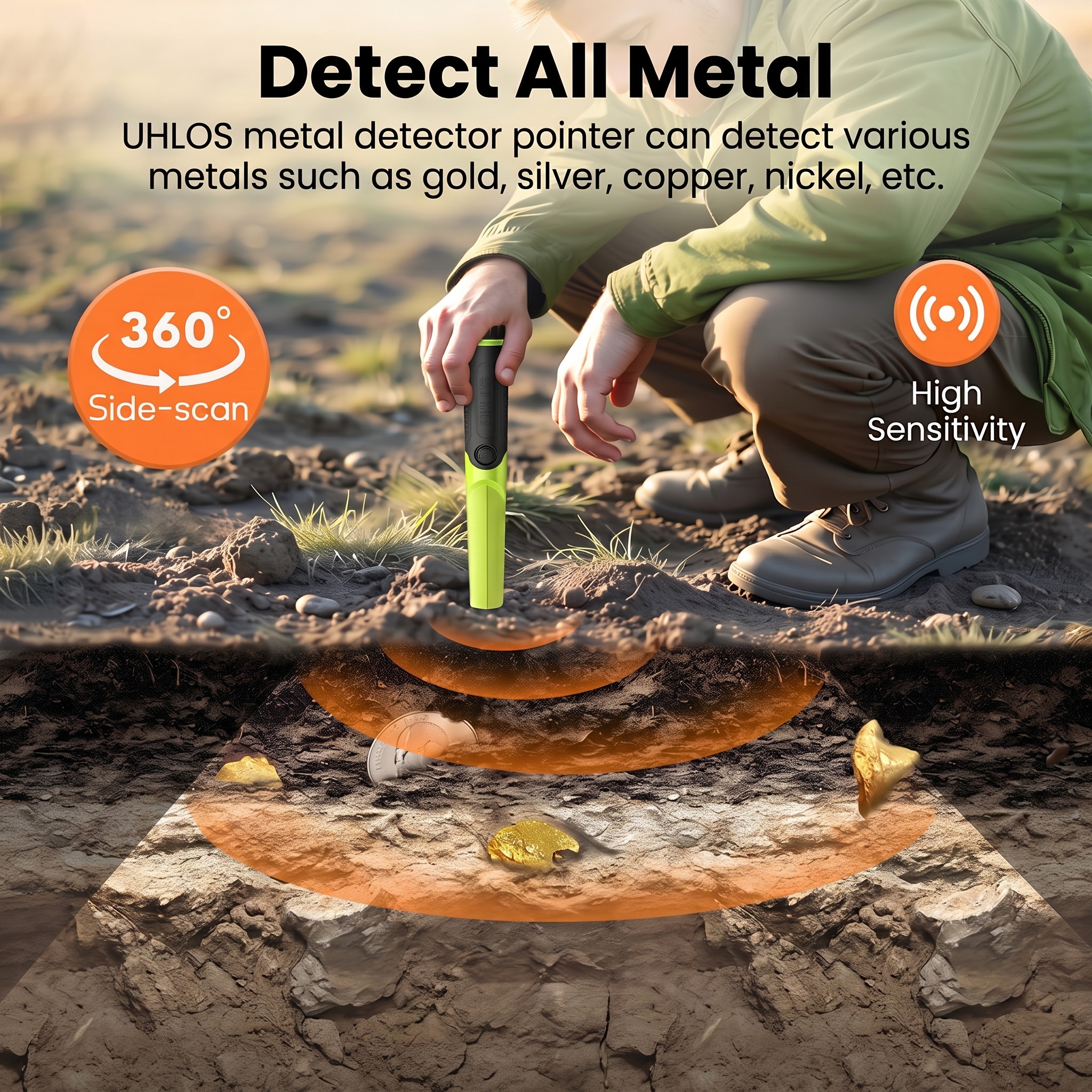 Metal Detector Pinpointer, Professional Waterproof with 9V Battery | High Sensitivity 360° Detection Handheld Pin Pointer Wand, Search Treasure Pinpointing Finder Probe for Adults & Kids, Green - Image 2